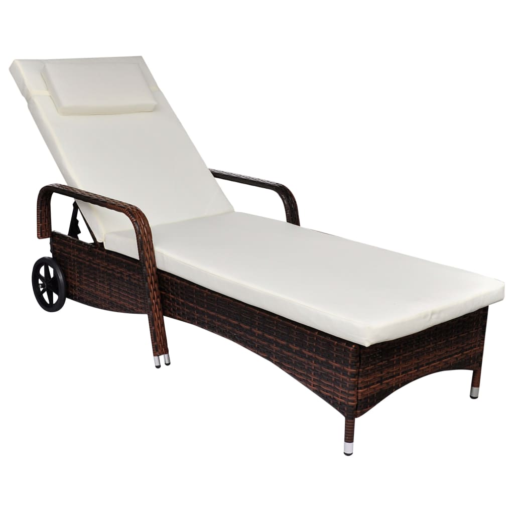 vidaXL Sun Lounger with Wheels Poly Rattan Brown