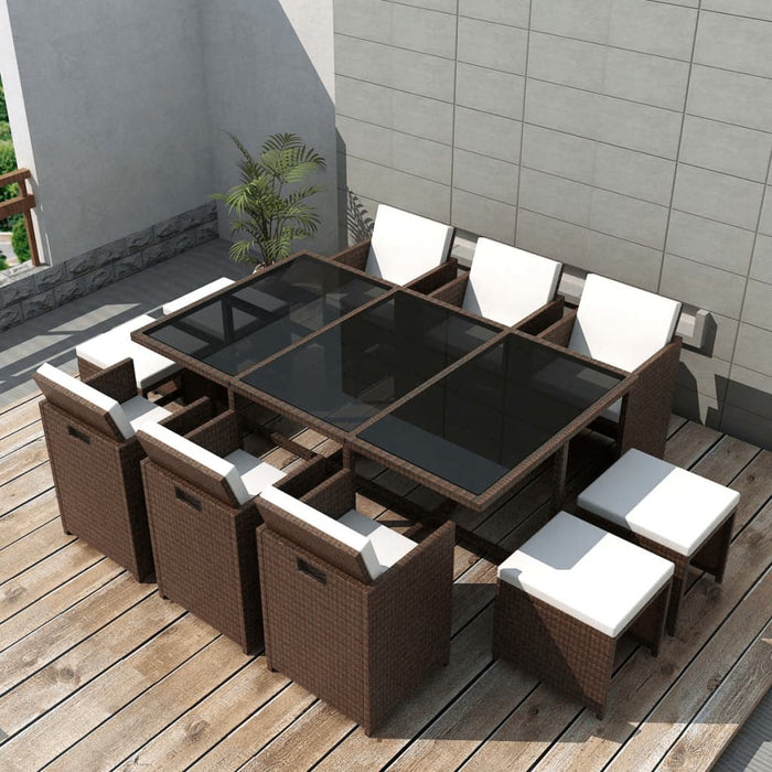 vidaXL 11 Piece Outdoor Dining Set with Cushions Poly Rattan Brown