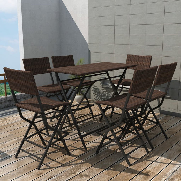 vidaXL 7 Piece Folding Outdoor Dining Set Steel Poly Rattan Brown