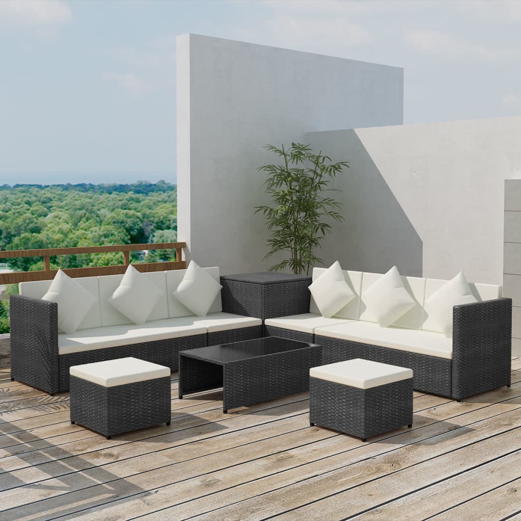 vidaXL 8 Piece Garden Lounge Set with Cushions Poly Rattan Black