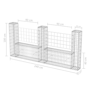 vidaXL Gabion Basket U-Shape Galvanised Steel 240x20x100 cm