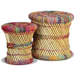 vidaXL Stools with Chindi Details 2 pcs Multicolour Bamboo