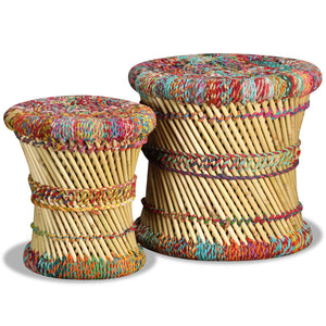 vidaXL Stools with Chindi Details 2 pcs Multicolour Bamboo