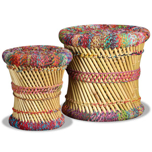 vidaXL Stools with Chindi Details 2 pcs Multicolour Bamboo