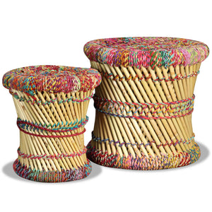 vidaXL Stools with Chindi Details 2 pcs Multicolour Bamboo