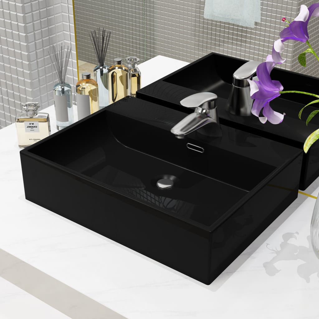 vidaXL Basin with Faucet Hole Ceramic Black 51.5x38.5x15 cm