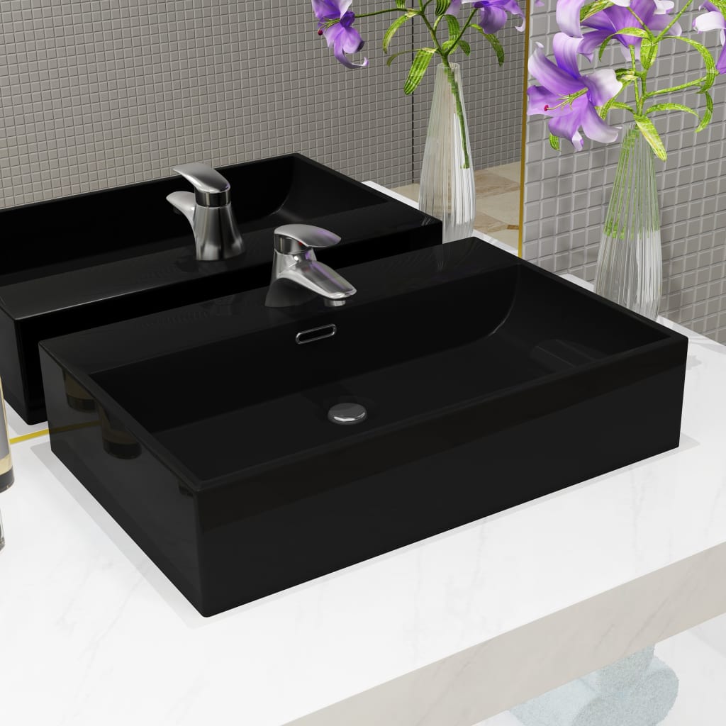 vidaXL Basin with Faucet Hole Ceramic Black 60.5x42.5x14.5 cm