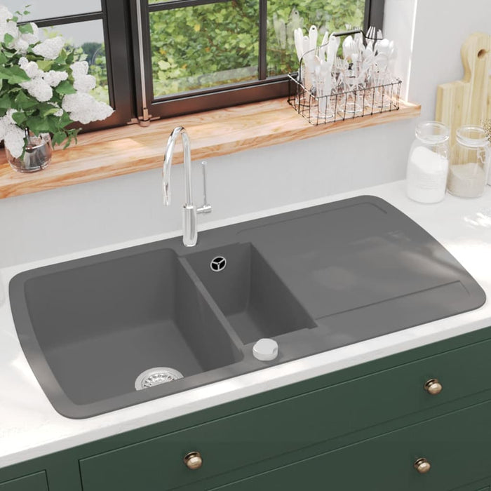 vidaXL Granite Kitchen Sink Double Basin Grey