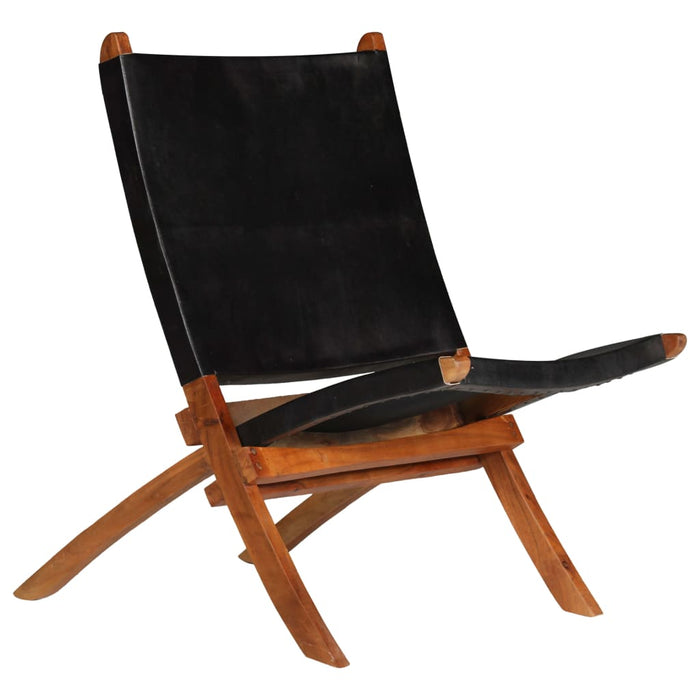 vidaXL Folding Relaxing Chair Black Real Leather