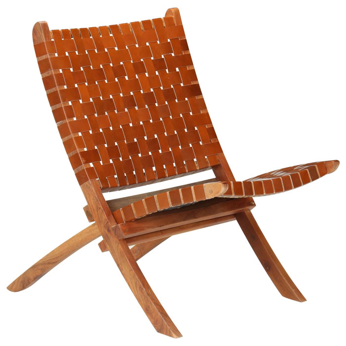 vidaXL Folding Chair Crossed-Stripe Brown Real Leather