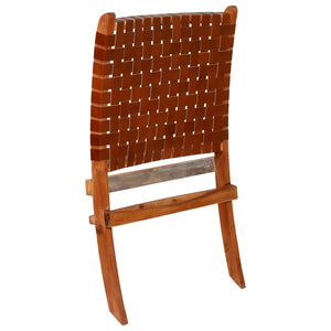 vidaXL Folding Chair Crossed-Stripe Brown Real Leather