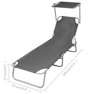 vidaXL Folding Sun Lounger with Canopy Steel Grey