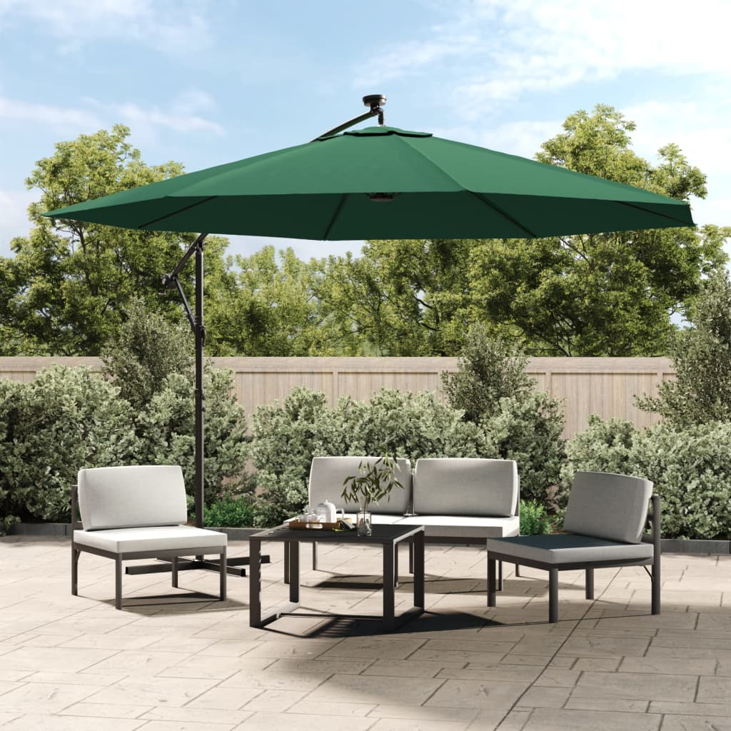 vidaXL Cantilever Garden Parasol with LED Lights and Metal Pole 350 cm Green