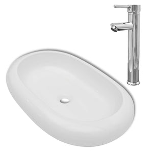 vidaXL Bathroom Basin with Mixer Tap Ceramic Oval White