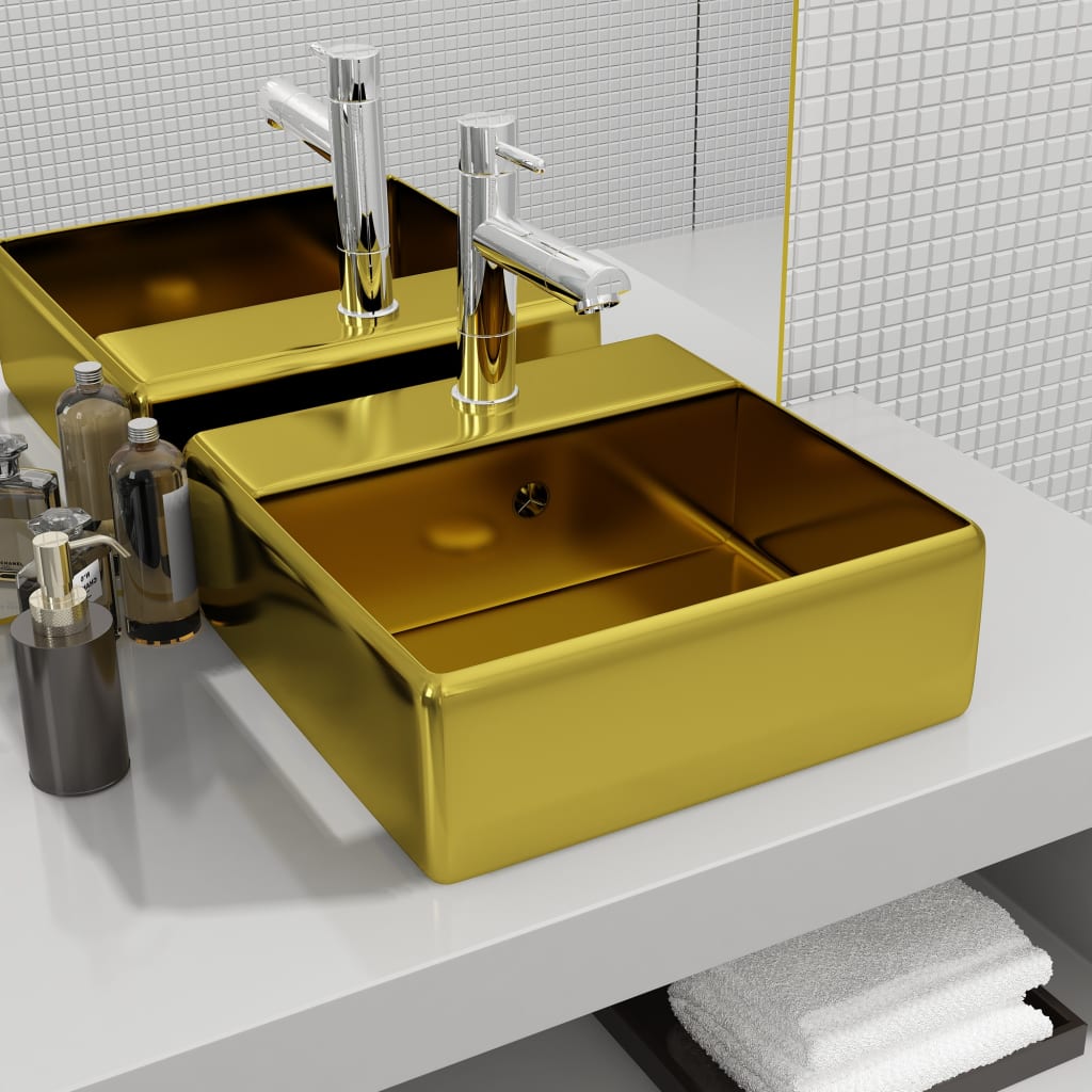 vidaXL Wash Basin with Overflow 41x41x15 cm Ceramic Gold