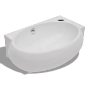 Ceramic Sink Basin Faucet & Overflow Hole Bathroom White