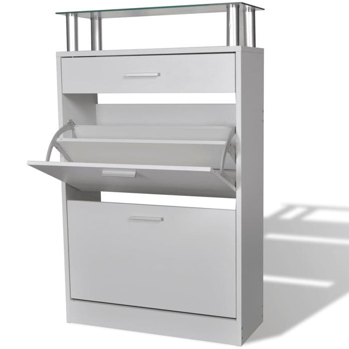 vidaXL Shoe Cabinet with a Drawer and a Top Glass Shelf Wood White