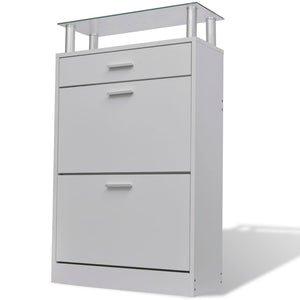 vidaXL Shoe Cabinet with a Drawer and a Top Glass Shelf Wood White