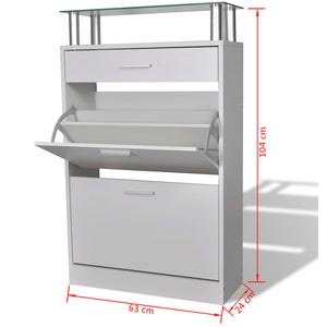 vidaXL Shoe Cabinet with a Drawer and a Top Glass Shelf Wood White