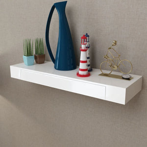 White MDF Floating Wall Display Shelf 1 Drawer Book/DVD Storage