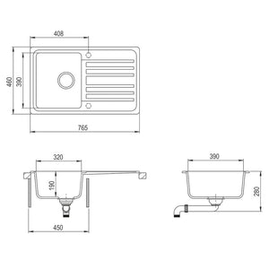 Granite Kitchen Sink Single Basin with Drainer Reversible Black