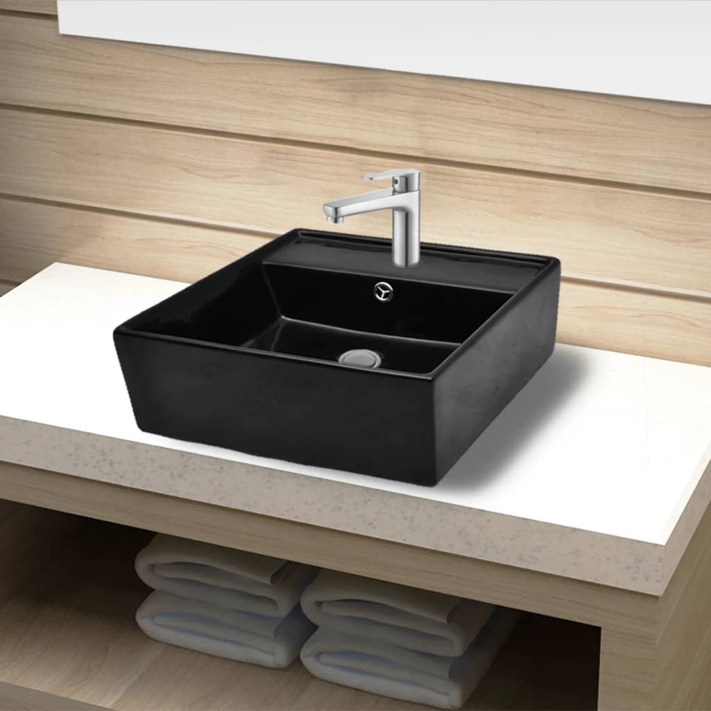 vidaXL Ceramic Bathroom Sink Basin Faucet /Overflow Hole Black Square