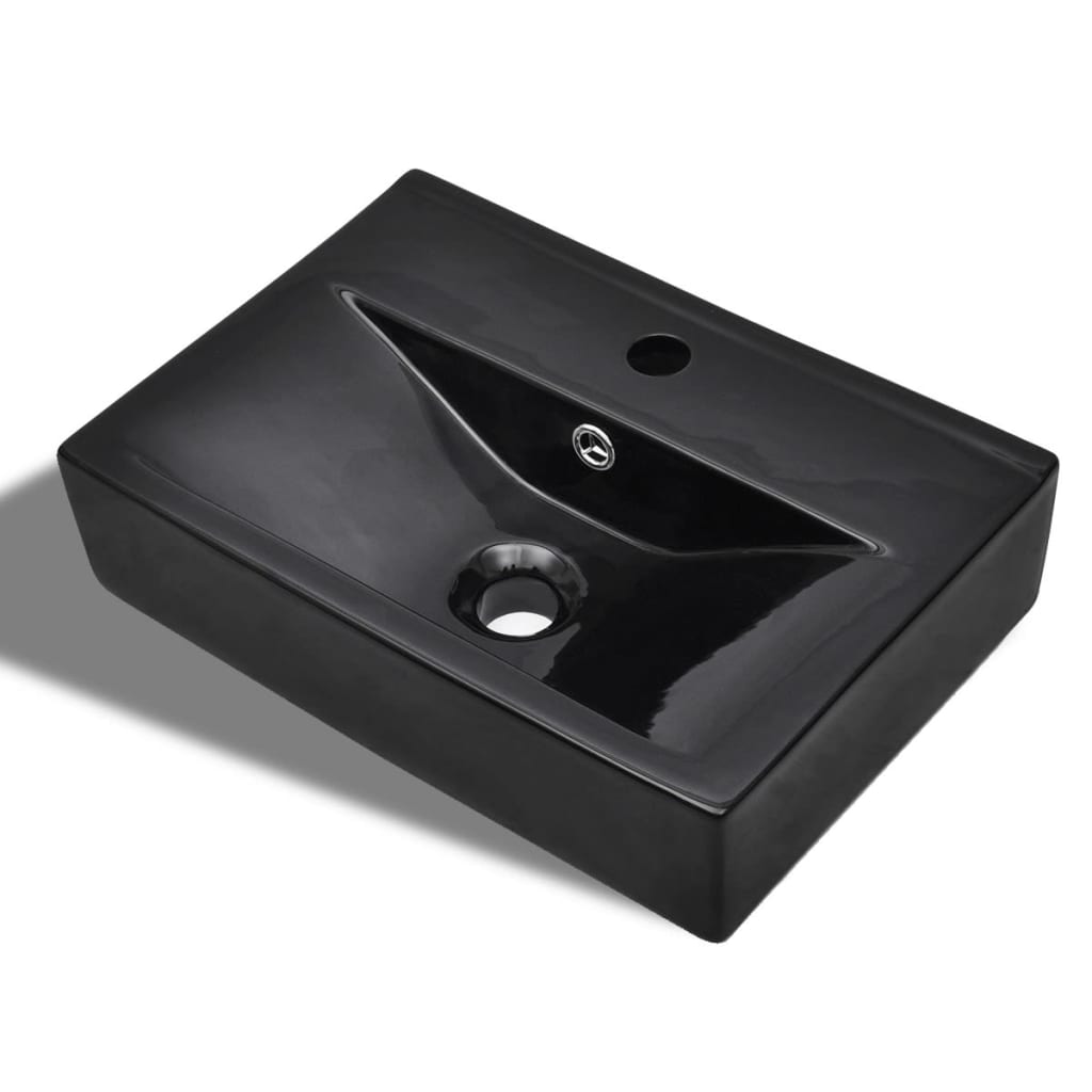 Ceramic Bathroom Sink Basin Faucet/Overflow Hole Black Rectangular