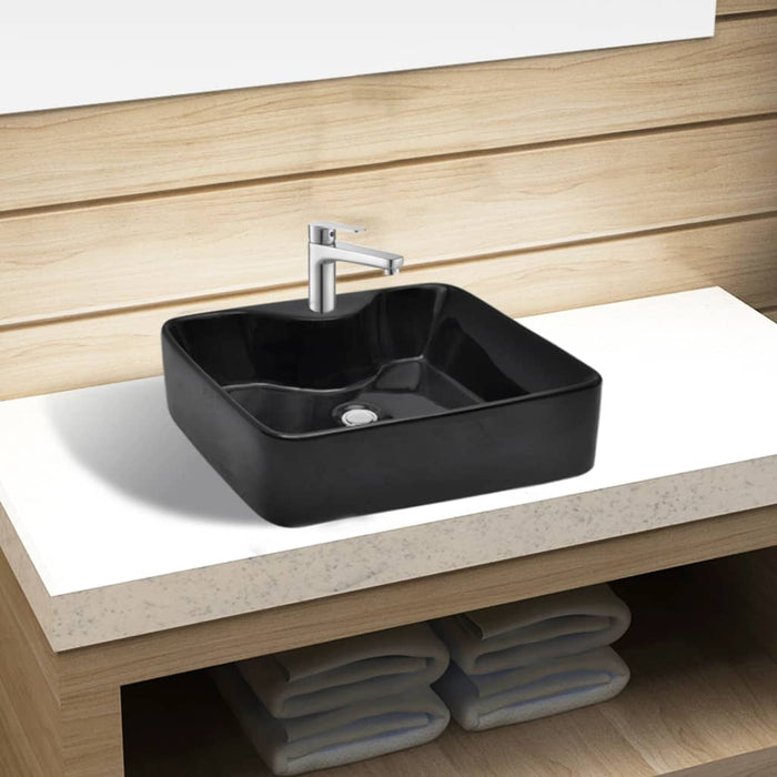 Ceramic Bathroom Sink Basin with Faucet Hole Black Square