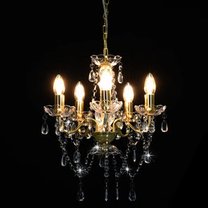 vidaXL Chandelier with Crystal Beads Golden Round 5 x E14