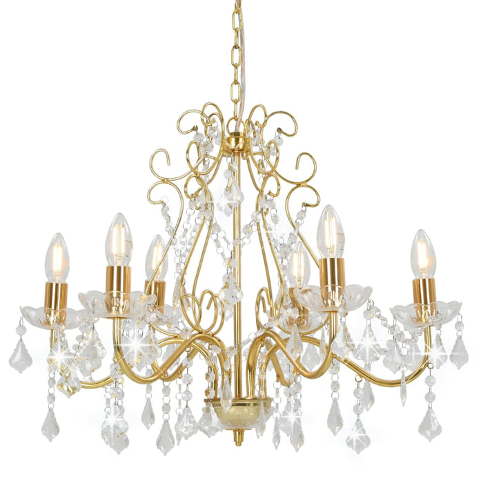 vidaXL Chandelier with Crystal Beads Golden Round 6 x E14