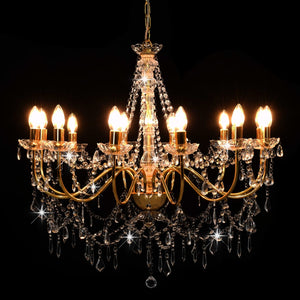 vidaXL Chandelier with Beads Golden 12 x E14 Bulbs