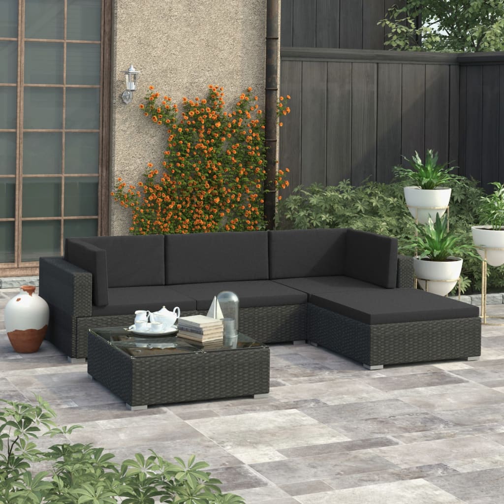 vidaXL 5 Piece Garden Lounge Set with Cushions Poly Rattan Black