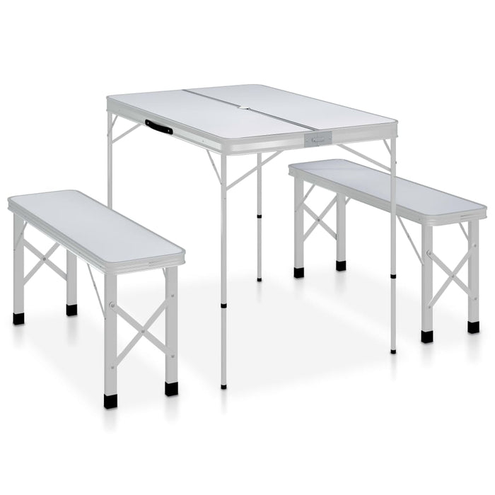 vidaXL Folding Camping Table with 2 Benches Aluminium White