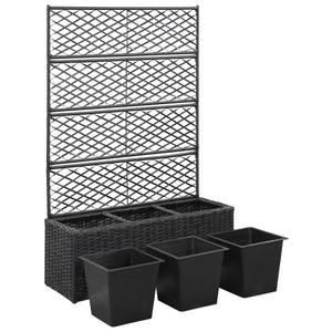 vidaXL Trellis Raised Bed with 3 Pots 83x30x130 cm Poly Rattan Black