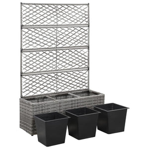 vidaXL Trellis Raised Bed with 3 Pots 83x30x130 cm Poly Rattan Grey