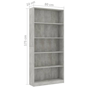 vidaXL 5-Tier Book Cabinet Concrete Grey 80x24x175 cm Engineered Wood