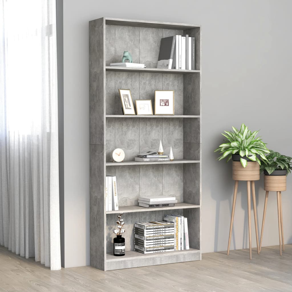 vidaXL 5-Tier Book Cabinet Concrete Grey 80x24x175 cm Engineered Wood