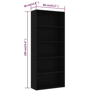 vidaXL 5-Tier Book Cabinet Black 80x30x189 cm Engineered Wood