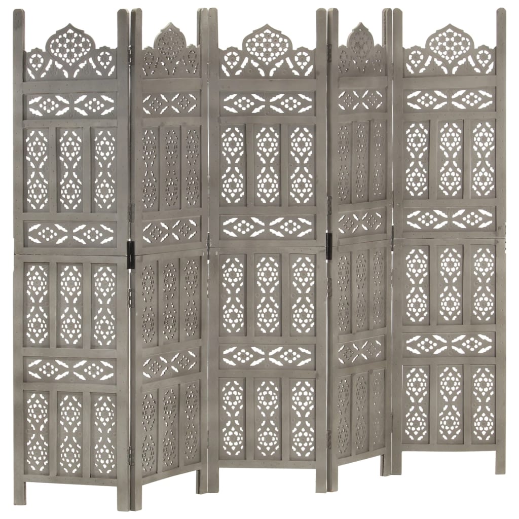 vidaXL Hand carved 5-Panel Room Divider Grey 200x165 cm Solid Mango Wood