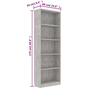 vidaXL 5-Tier Book Cabinet Concrete Grey 60x24x175 cm Engineered Wood