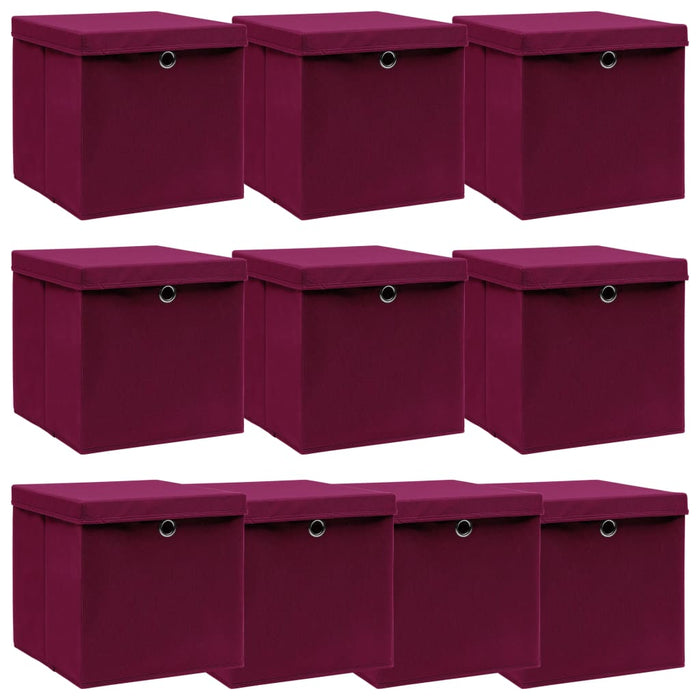 vidaXL Storage Boxes with Lids 10 pcs Dark Red 32x32x32 cm Fabric