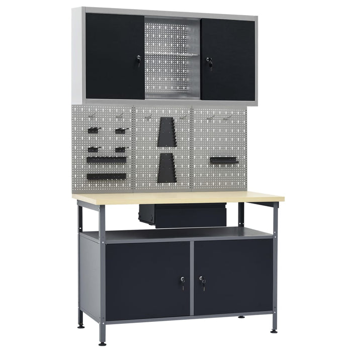 vidaXL Workbench with Three Wall Panels and One Cabinet