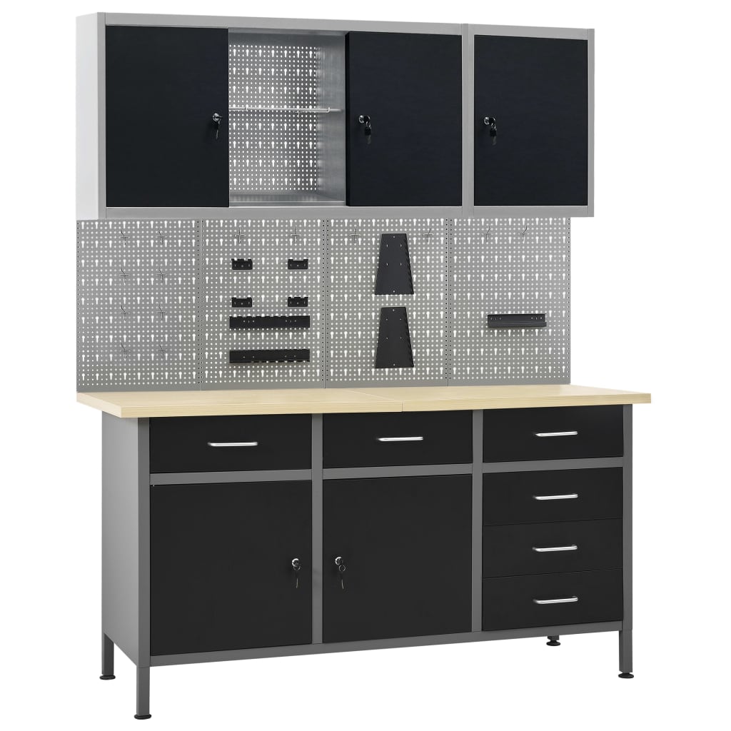 vidaXL Workbench with Four Wall Panels and Two Cabinets