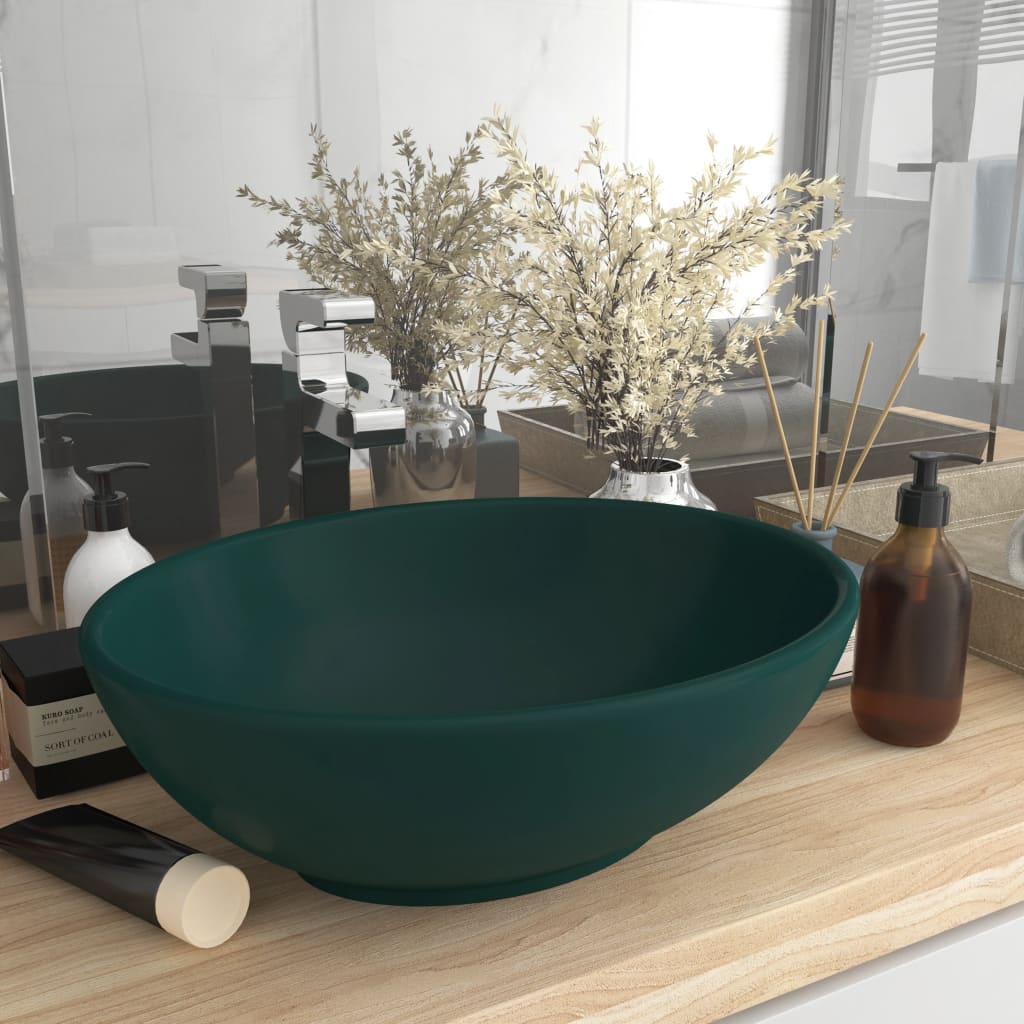 vidaXL Luxury Basin Oval-shaped Matt Dark Green 40x33 cm Ceramic