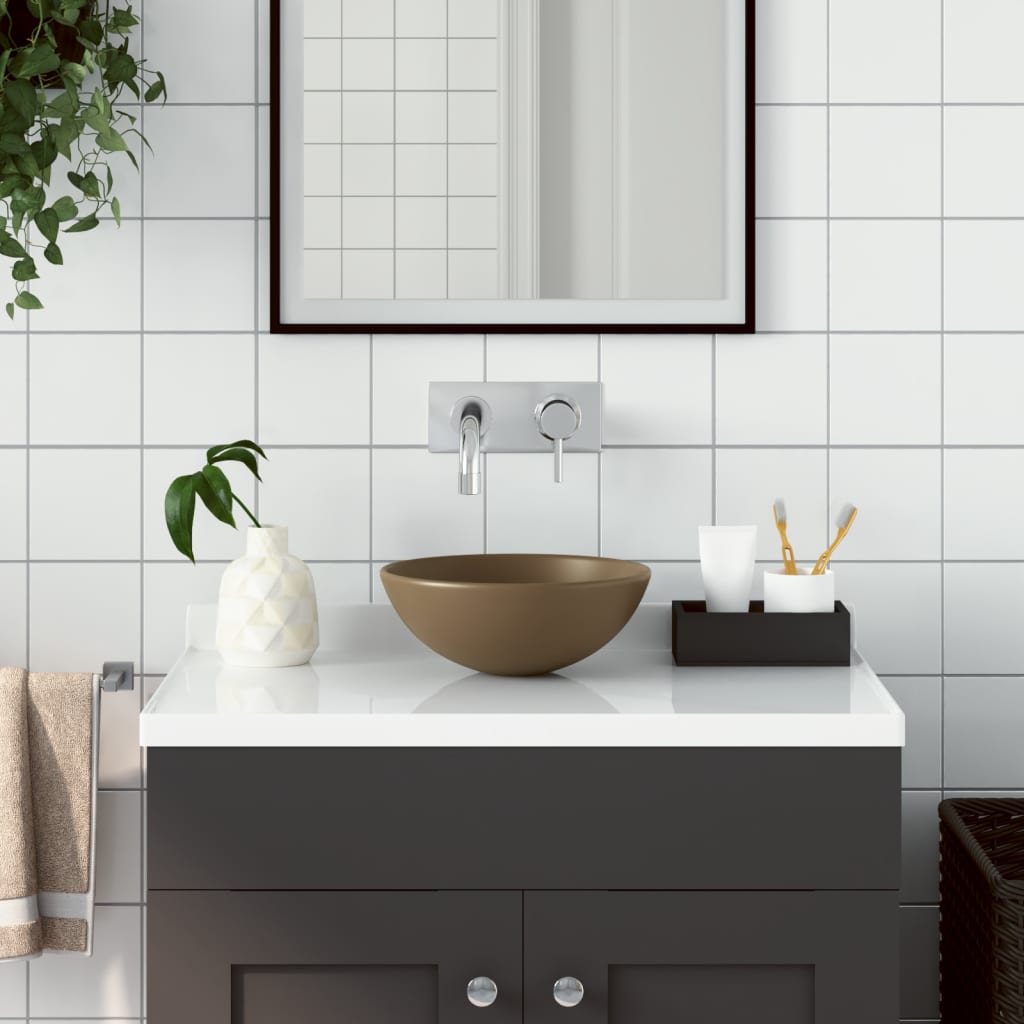 vidaXL Bathroom Sink Ceramic Matt Cream Round