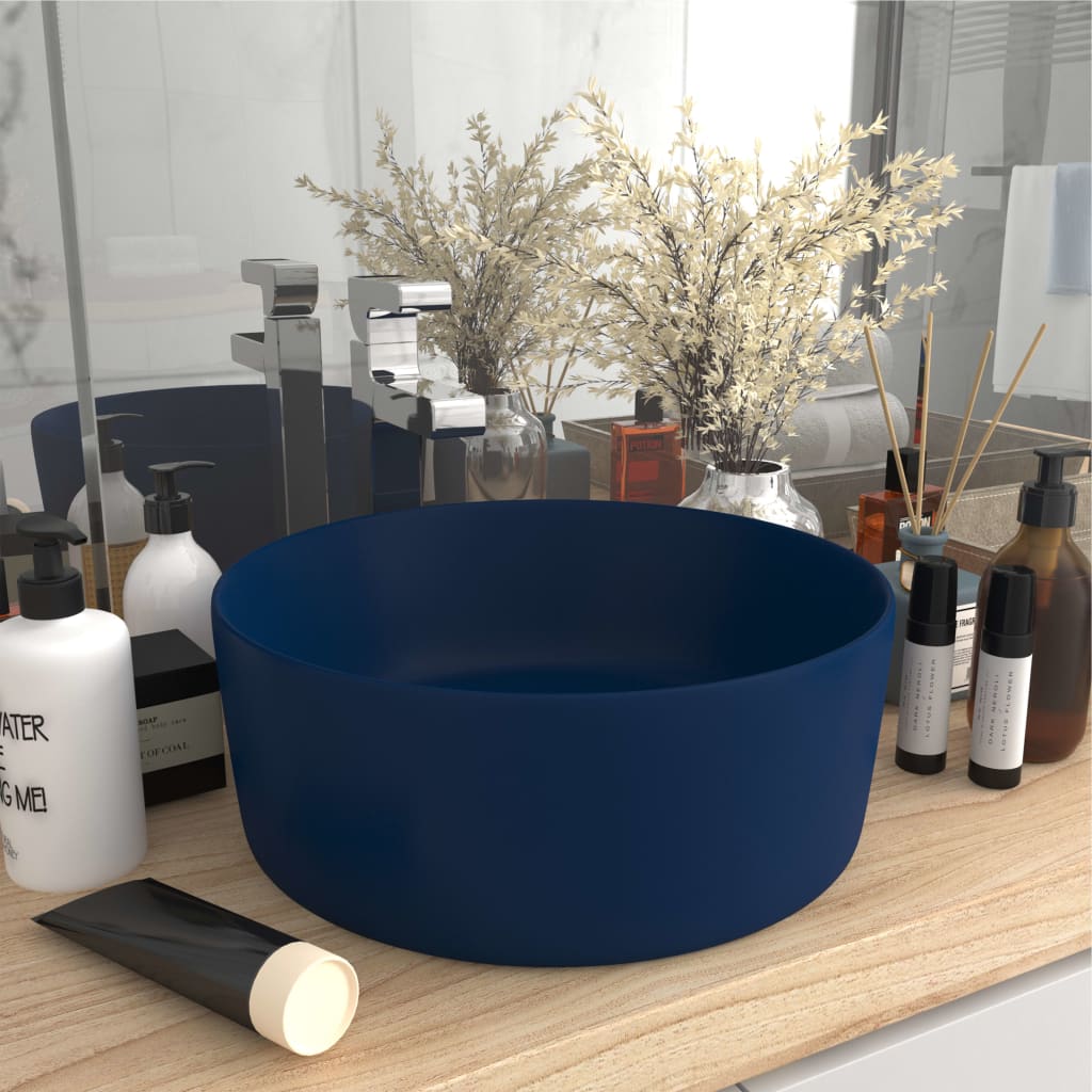 vidaXL Luxury Wash Basin Round Matt Dark Blue 40x15 cm Ceramic