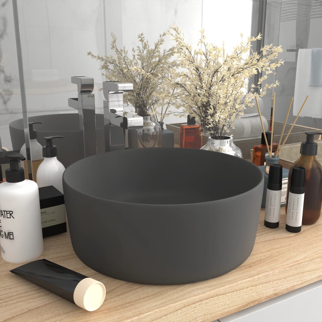 vidaXL Luxury Wash Basin Round Matt Dark Grey 40x15 cm Ceramic