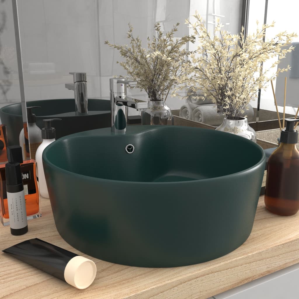 vidaXL Luxury Wash Basin with Overflow Matt Dark Green 36x13 cm Ceramic