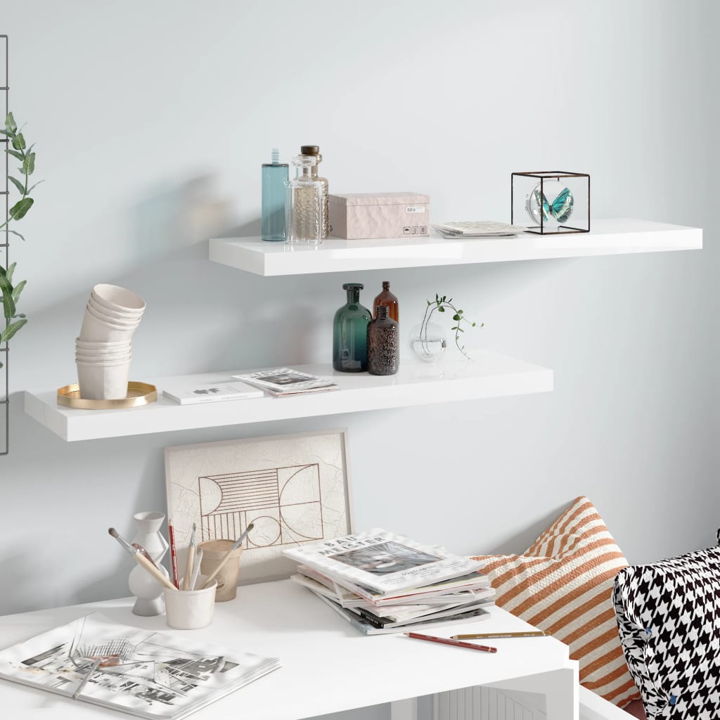 vidaXL Floating Wall Shelves 2 pcs High Gloss White 90x23.5x3.8 cm MDF