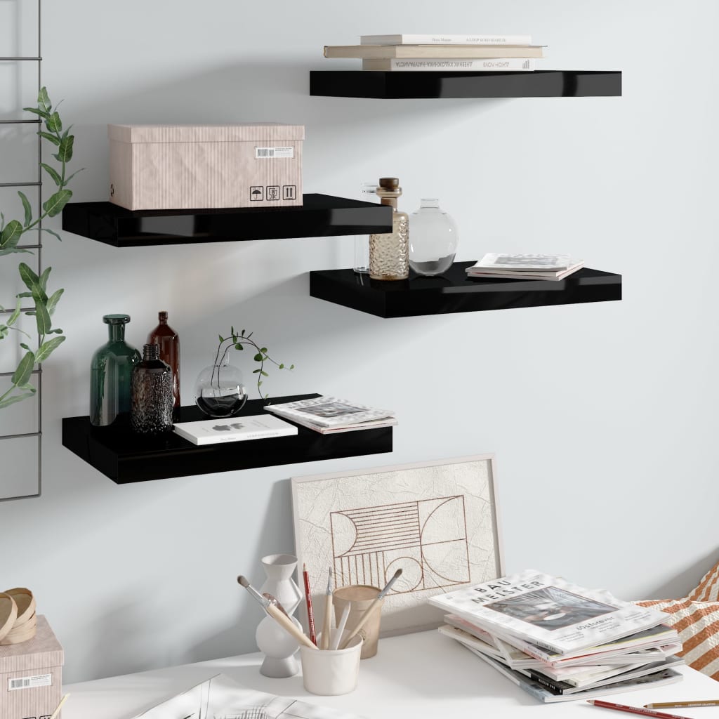 vidaXL Floating Wall Shelves 4 pcs High Gloss Black 40x23x3.8 cm MDF